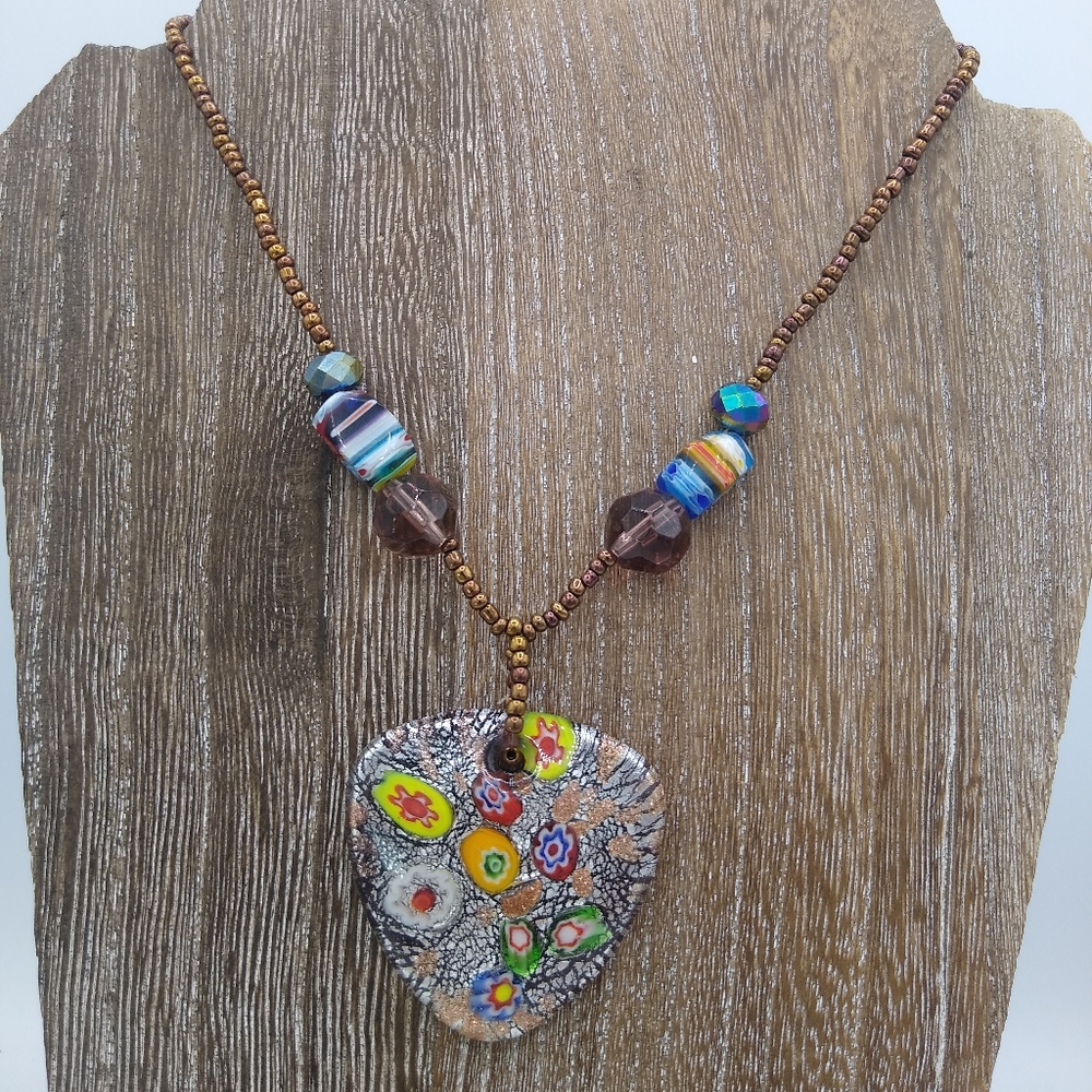 Murano Style Millefiori Resin or Glass Pendant Necklace with Bronze Beads - Picture 7 of 8